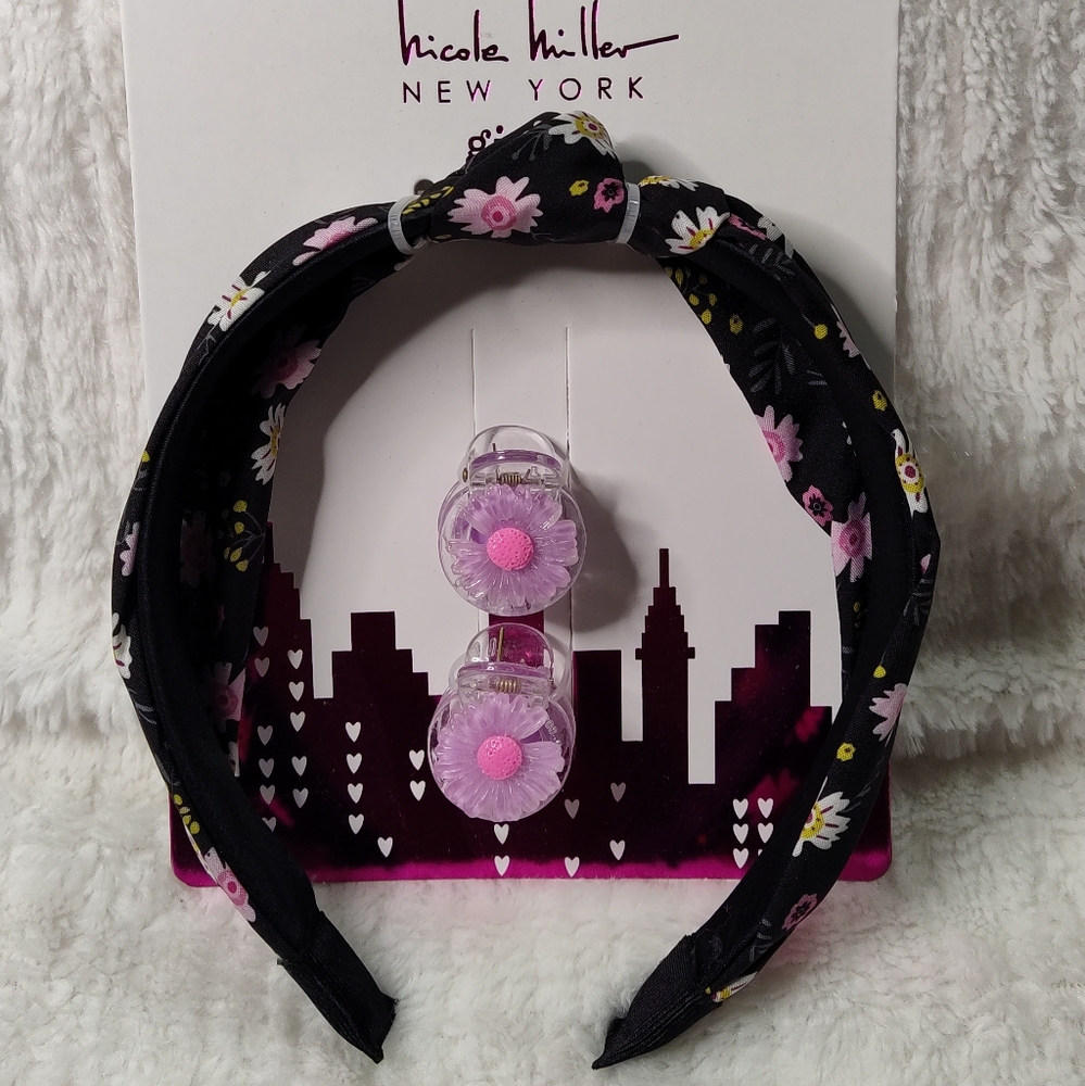 Nicole Miller Black Floral Headband and Pink Hair Clips Set